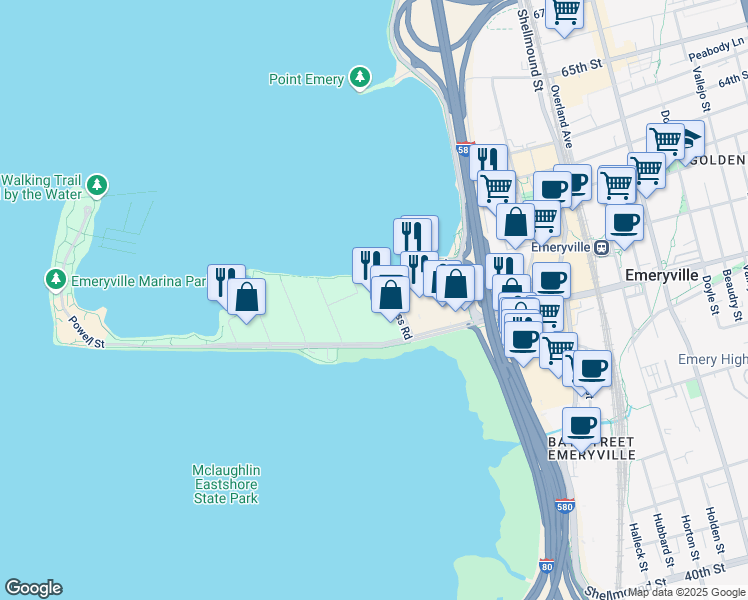 map of restaurants, bars, coffee shops, grocery stores, and more near 2200 Powell Street in Emeryville