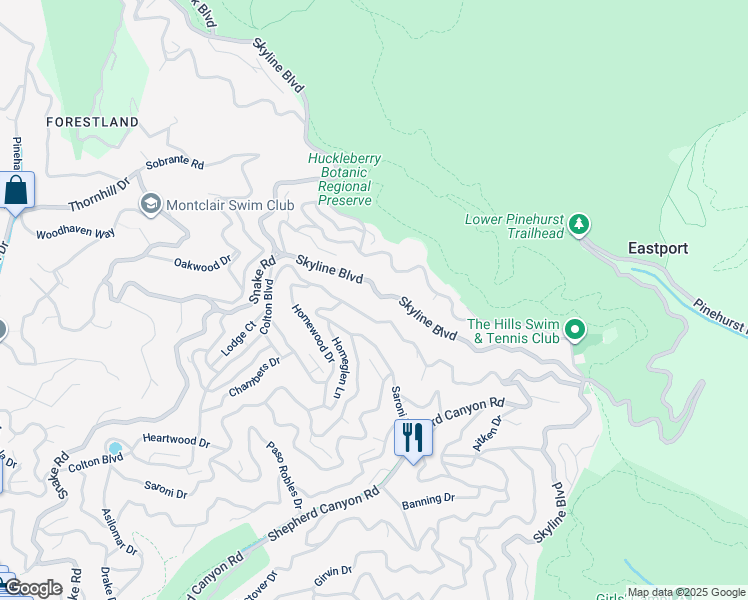 map of restaurants, bars, coffee shops, grocery stores, and more near 7675 Skyline Boulevard in Oakland