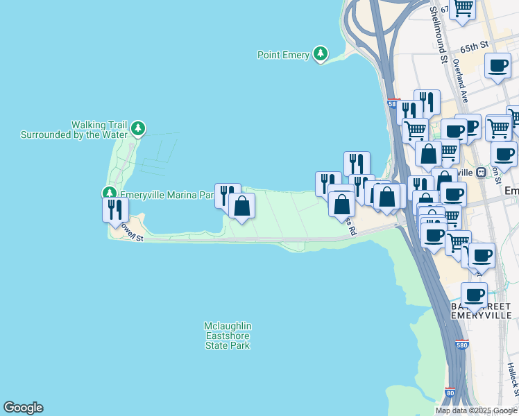 map of restaurants, bars, coffee shops, grocery stores, and more near 9 Commodore Drive in Emeryville