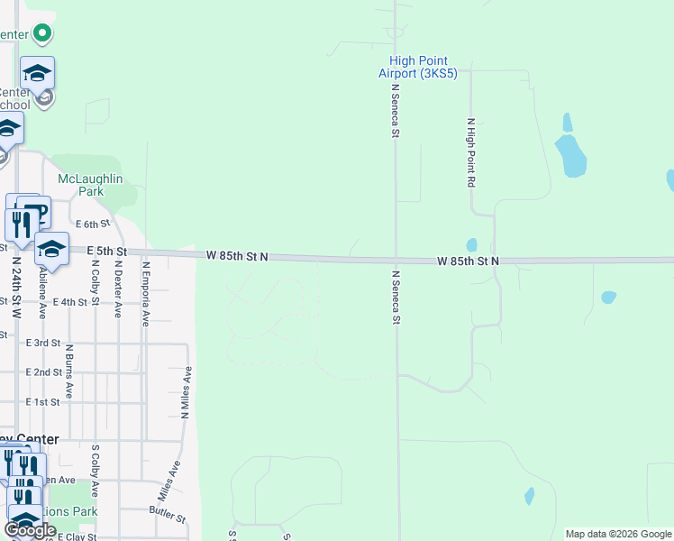 map of restaurants, bars, coffee shops, grocery stores, and more near 1521-1591 West 85th Street North in Valley Center