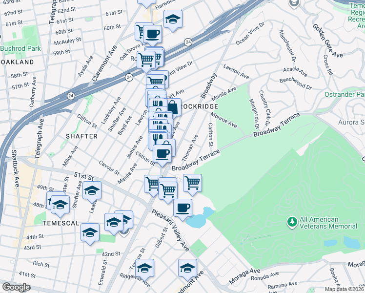 map of restaurants, bars, coffee shops, grocery stores, and more near 5378 Broadway in Oakland