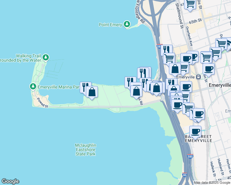 map of restaurants, bars, coffee shops, grocery stores, and more near 5 Captain Drive in Emeryville