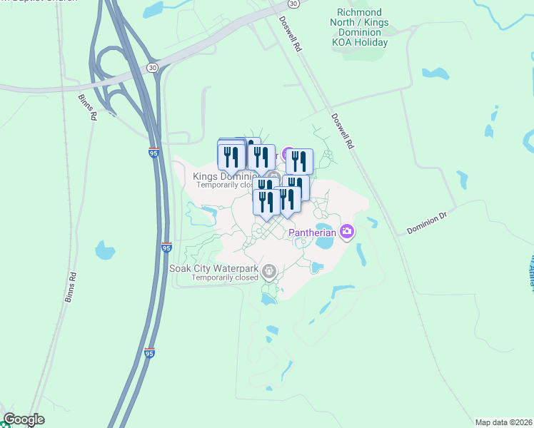 map of restaurants, bars, coffee shops, grocery stores, and more near 16000 Theme Park Way in Doswell