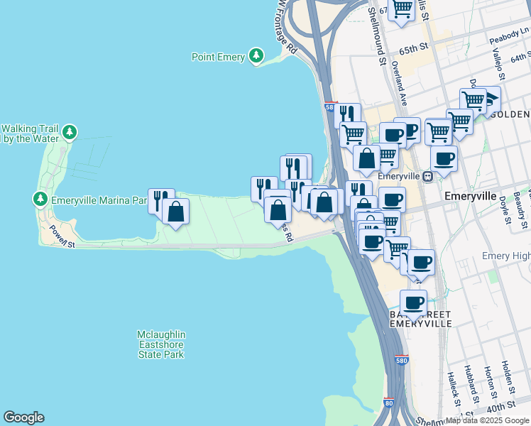 map of restaurants, bars, coffee shops, grocery stores, and more near 2200 Powell Street in Emeryville