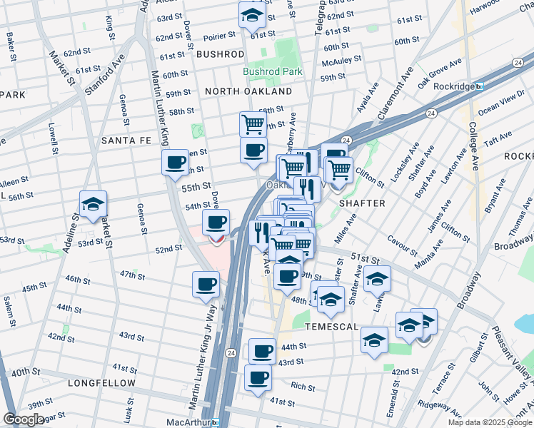 map of restaurants, bars, coffee shops, grocery stores, and more near 597 54th Street in Oakland