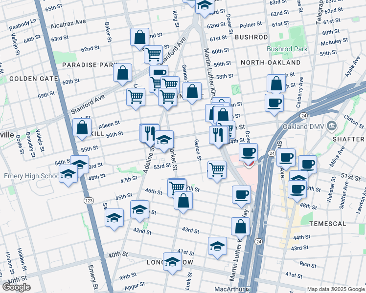 map of restaurants, bars, coffee shops, grocery stores, and more near 871 55th Street in Oakland