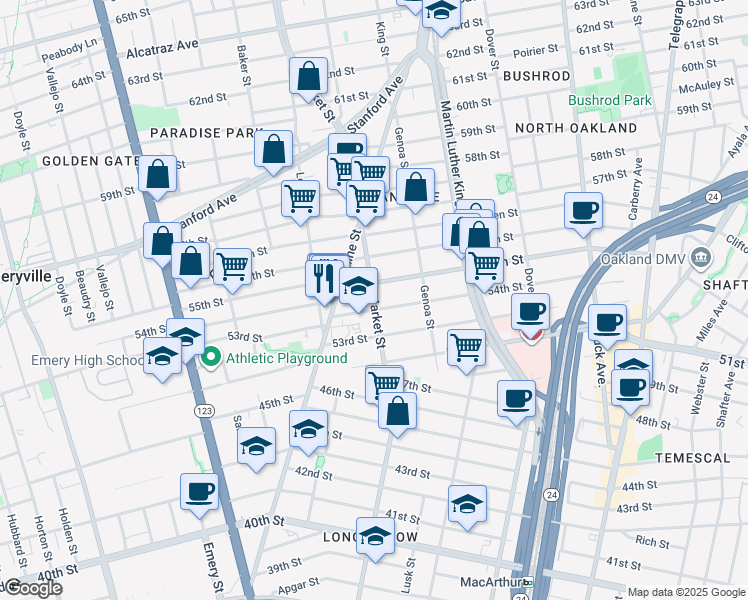 map of restaurants, bars, coffee shops, grocery stores, and more near in Oakland