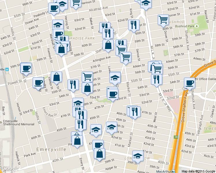map of restaurants, bars, coffee shops, grocery stores, and more near 965 55th Street in Oakland