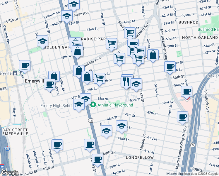 map of restaurants, bars, coffee shops, grocery stores, and more near 1006 55th Street in Oakland
