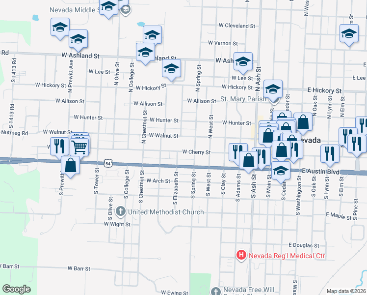 map of restaurants, bars, coffee shops, grocery stores, and more near 117 North Spring Street in Nevada