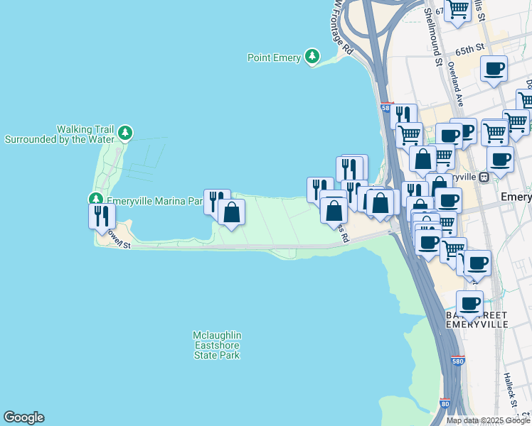 map of restaurants, bars, coffee shops, grocery stores, and more near 9 Commodore Drive in Emeryville