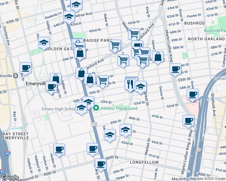map of restaurants, bars, coffee shops, grocery stores, and more near 1006 55th Street in Oakland