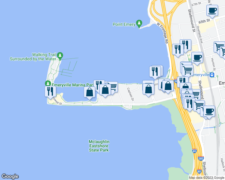map of restaurants, bars, coffee shops, grocery stores, and more near 9 Commodore Drive in Emeryville