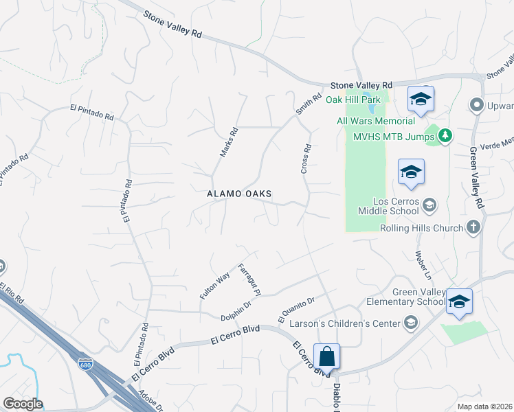 map of restaurants, bars, coffee shops, grocery stores, and more near 180 Oak Road in Alamo
