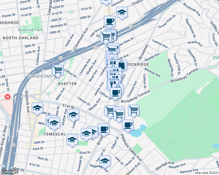 map of restaurants, bars, coffee shops, grocery stores, and more near 5349 College Avenue in Oakland