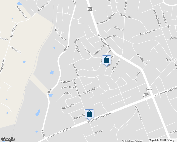 map of restaurants, bars, coffee shops, grocery stores, and more near 1423 Hunters Lane in Radcliff