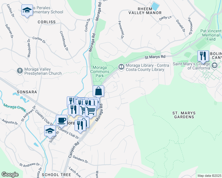 map of restaurants, bars, coffee shops, grocery stores, and more near 1424 Camino Peral in Moraga