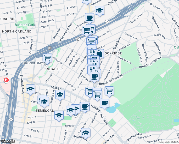 map of restaurants, bars, coffee shops, grocery stores, and more near 5349 College Avenue in Oakland