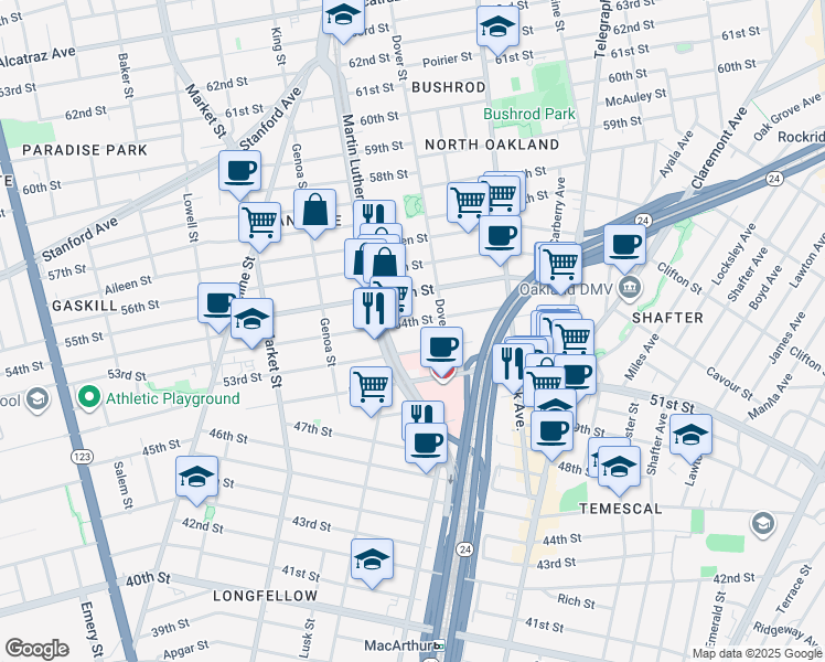 map of restaurants, bars, coffee shops, grocery stores, and more near 727 54th Street in Oakland