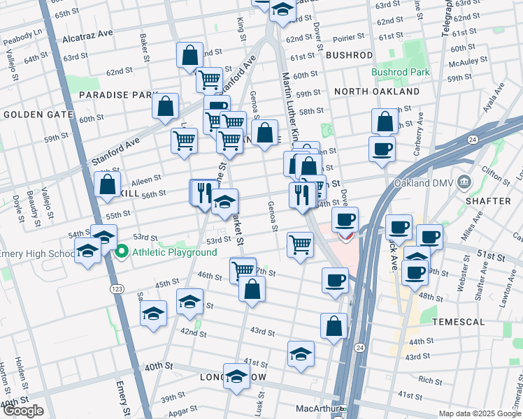 map of restaurants, bars, coffee shops, grocery stores, and more near 871 55th Street in Oakland