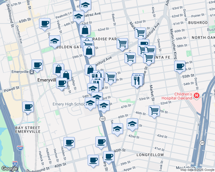 map of restaurants, bars, coffee shops, grocery stores, and more near in Oakland