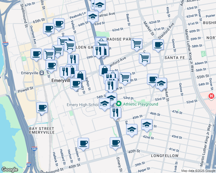 map of restaurants, bars, coffee shops, grocery stores, and more near 5520 Marshall Street in Oakland