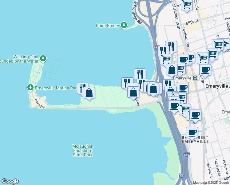 map of restaurants, bars, coffee shops, grocery stores, and more near 5 Captain Drive in Emeryville