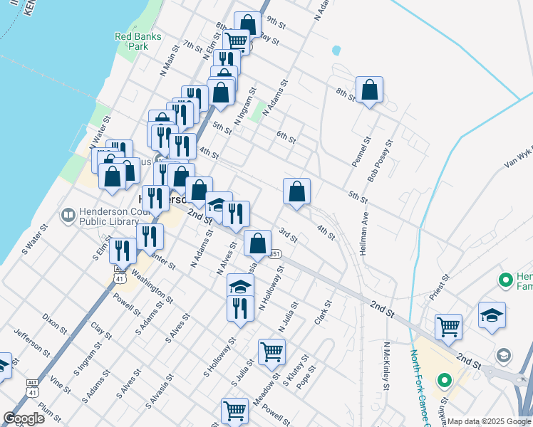 map of restaurants, bars, coffee shops, grocery stores, and more near 347 North Alvasia Street in Henderson