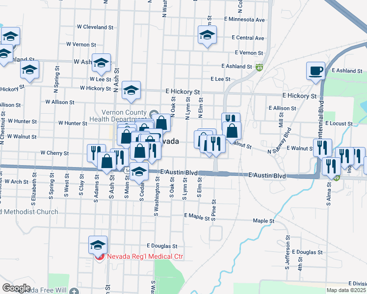 map of restaurants, bars, coffee shops, grocery stores, and more near 328 East Walnut Street in Nevada