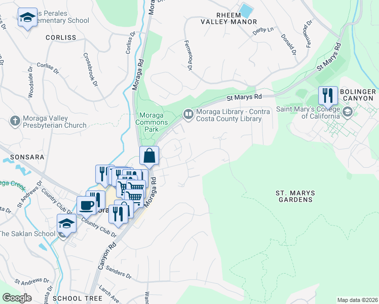 map of restaurants, bars, coffee shops, grocery stores, and more near 1035 Alta Mesa in Moraga