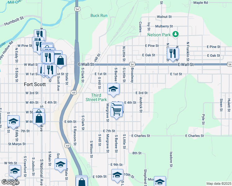 map of restaurants, bars, coffee shops, grocery stores, and more near 900 East 3rd Street in Fort Scott