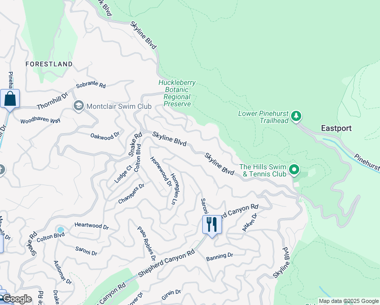 map of restaurants, bars, coffee shops, grocery stores, and more near 7635 Skyline Boulevard in Oakland