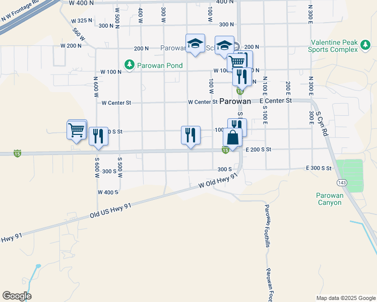 map of restaurants, bars, coffee shops, grocery stores, and more near 198 W 200 S in Parowan
