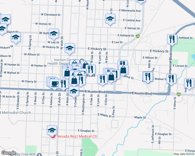 map of restaurants, bars, coffee shops, grocery stores, and more near 328 East Walnut Street in Nevada