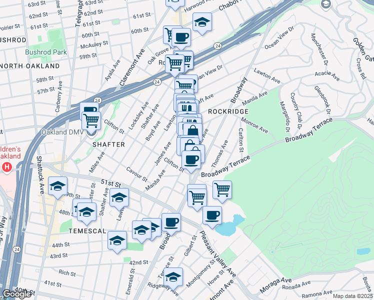 map of restaurants, bars, coffee shops, grocery stores, and more near 5349 College Avenue in Oakland