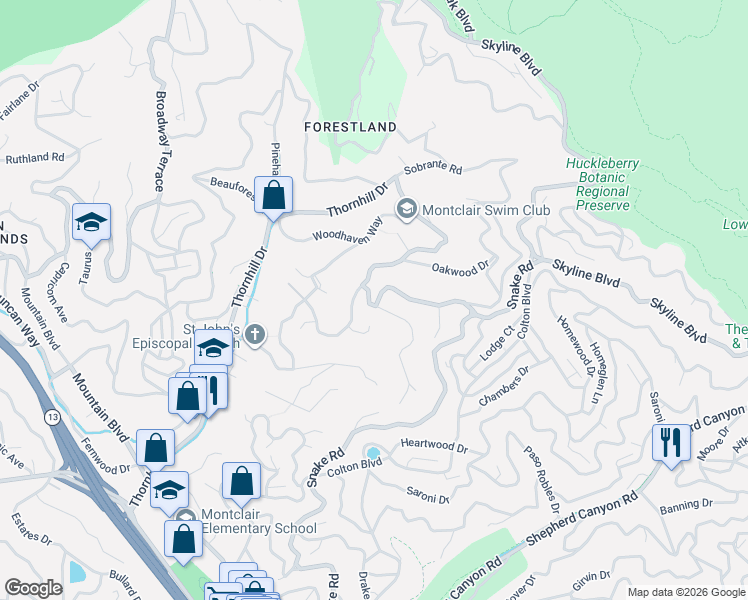 map of restaurants, bars, coffee shops, grocery stores, and more near 6961 Thornhill Drive in Oakland
