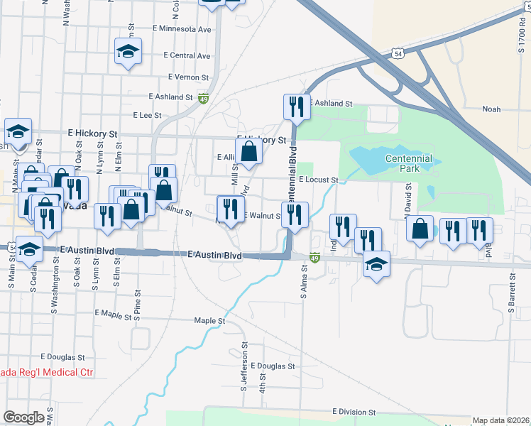 map of restaurants, bars, coffee shops, grocery stores, and more near 1303 East Walnut Street in Nevada