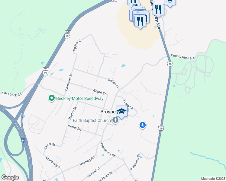 map of restaurants, bars, coffee shops, grocery stores, and more near 581 Prosperity Road in Mount Hope