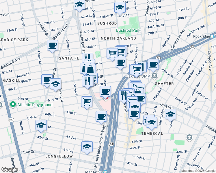 map of restaurants, bars, coffee shops, grocery stores, and more near 5318 Dover Street in Oakland