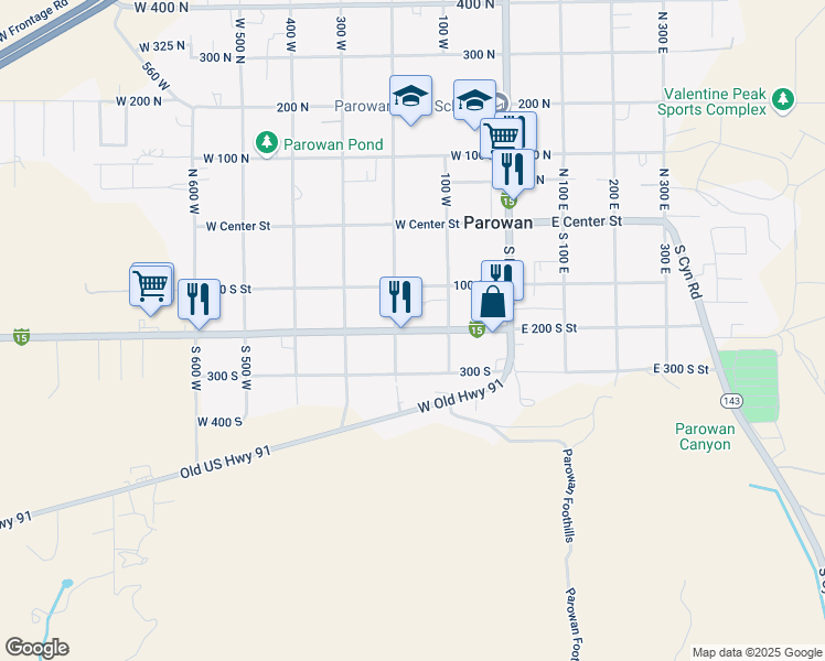 map of restaurants, bars, coffee shops, grocery stores, and more near 198 West 200 South in Parowan