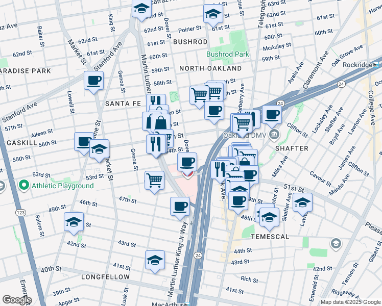 map of restaurants, bars, coffee shops, grocery stores, and more near 5318 Dover Street in Oakland