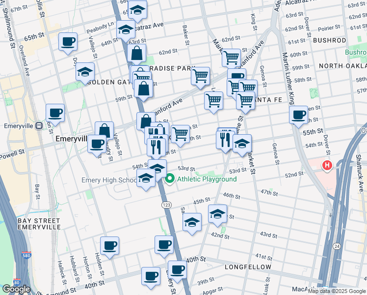 map of restaurants, bars, coffee shops, grocery stores, and more near in Oakland
