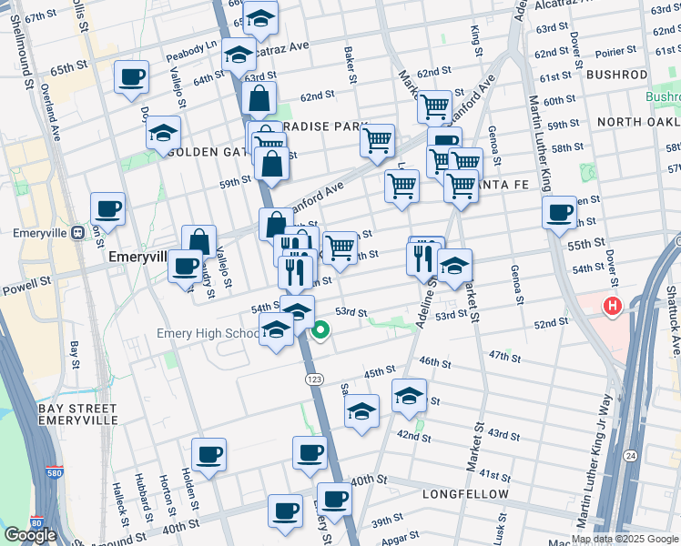 map of restaurants, bars, coffee shops, grocery stores, and more near 1048 55th Street in Oakland