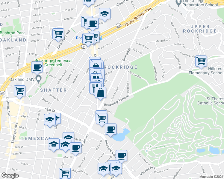 map of restaurants, bars, coffee shops, grocery stores, and more near 5401 Thomas Avenue in Oakland