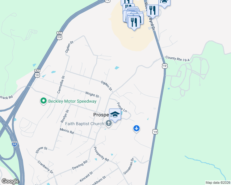 map of restaurants, bars, coffee shops, grocery stores, and more near 581 Prosperity Road in Mount Hope