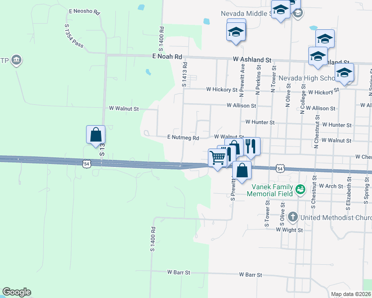 map of restaurants, bars, coffee shops, grocery stores, and more near 16927 South 1413 Road in Nevada
