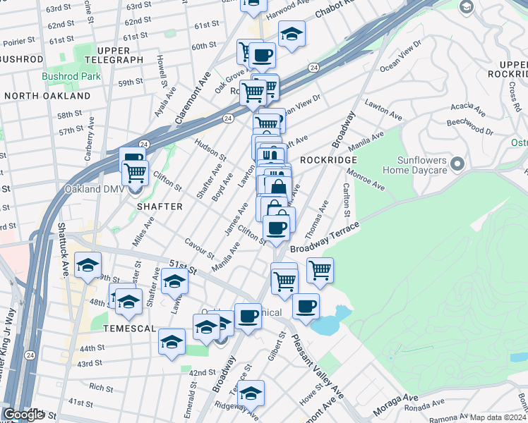map of restaurants, bars, coffee shops, grocery stores, and more near 5349 College Avenue in Oakland