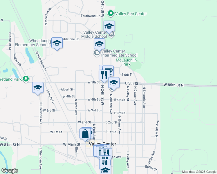 map of restaurants, bars, coffee shops, grocery stores, and more near 557 North Abilene Avenue in Valley Center