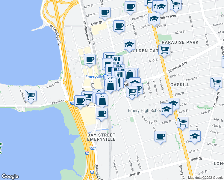 map of restaurants, bars, coffee shops, grocery stores, and more near 1475 Powell Street in Emeryville