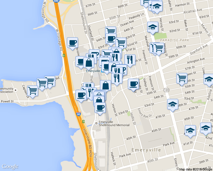 map of restaurants, bars, coffee shops, grocery stores, and more near 1501 Powell Street in Emeryville